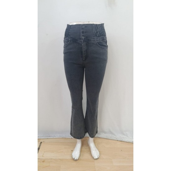 Kadın Yüksek Bel Yanları Lastik önü Düğmeli Kot Pantolon , 31782