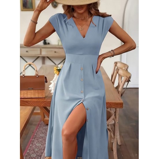 Kadın Kısa Kollu V Yakalı önden Düğmeli Midi Dokuma Viskon Elbise , 31781