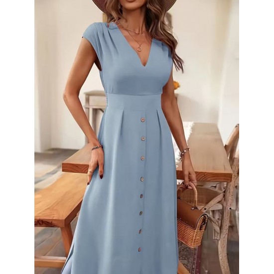 Kadın Kısa Kollu V Yakalı önden Düğmeli Midi Dokuma Viskon Elbise , 31781