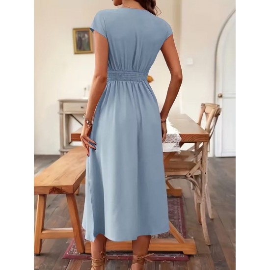 Kadın Kısa Kollu V Yakalı önden Düğmeli Midi Dokuma Viskon Elbise , 31781