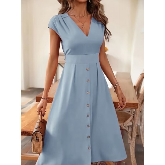 Kadın Kısa Kollu V Yakalı önden Düğmeli Midi Dokuma Viskon Elbise , 31781