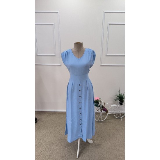 Kadın Kısa Kollu V Yakalı önden Düğmeli Midi Dokuma Viskon Elbise , 31781