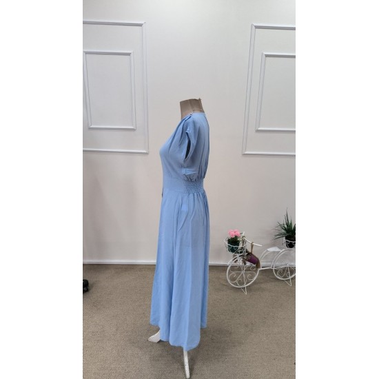 Kadın Kısa Kollu V Yakalı önden Düğmeli Midi Dokuma Viskon Elbise , 31781