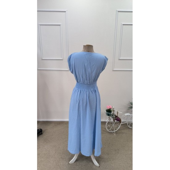 Kadın Kısa Kollu V Yakalı önden Düğmeli Midi Dokuma Viskon Elbise , 31781