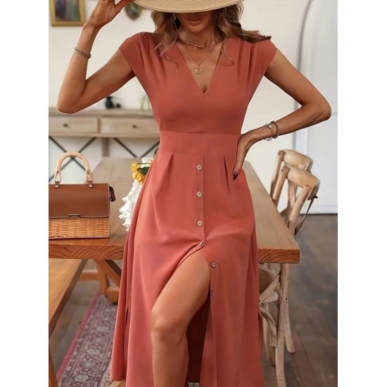 Kadın Kısa Kollu V Yakalı önden Düğmeli Midi Dokuma Viskon Elbise , 31780