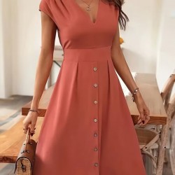 Kadın Kısa Kollu V Yakalı önden Düğmeli Midi Dokuma Viskon Elbise , 31780 Kadın Kısa Kollu V Yakalı önden Düğmeli Midi Dokuma Viskon Elbise , 31780