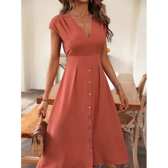 Kadın Kısa Kollu V Yakalı önden Düğmeli Midi Dokuma Viskon Elbise , 31780