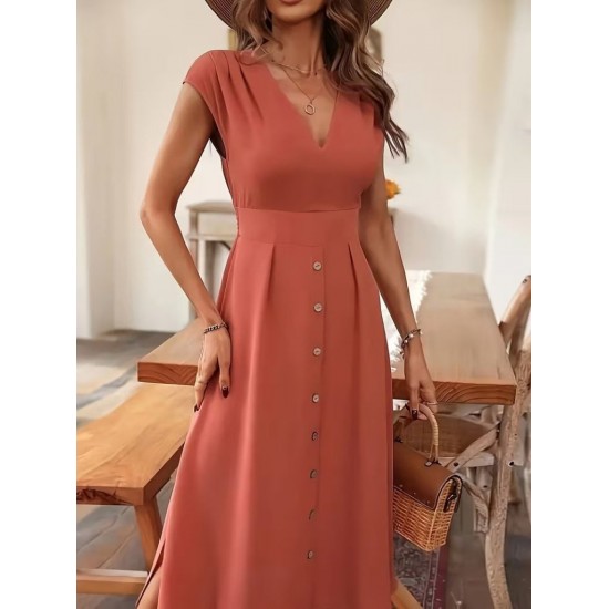 Kadın Kısa Kollu V Yakalı önden Düğmeli Midi Dokuma Viskon Elbise , 31780