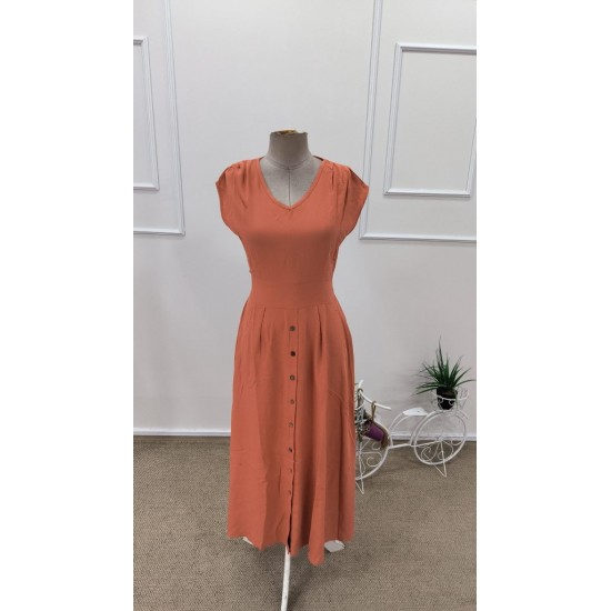 Kadın Kısa Kollu V Yakalı önden Düğmeli Midi Dokuma Viskon Elbise , 31780