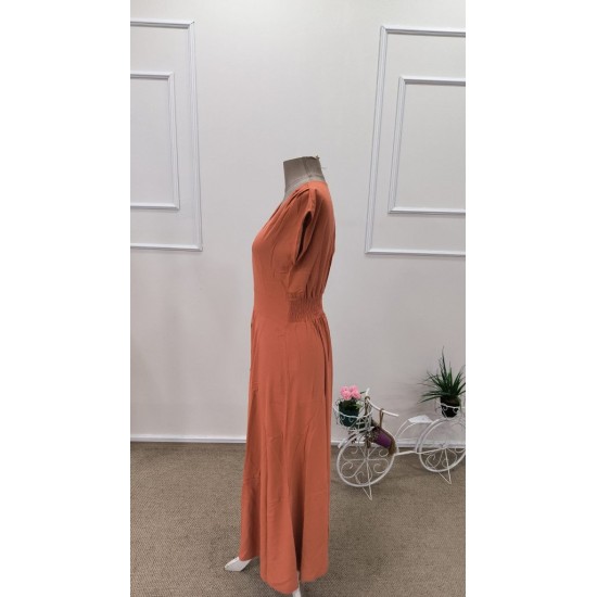 Kadın Kısa Kollu V Yakalı önden Düğmeli Midi Dokuma Viskon Elbise , 31780