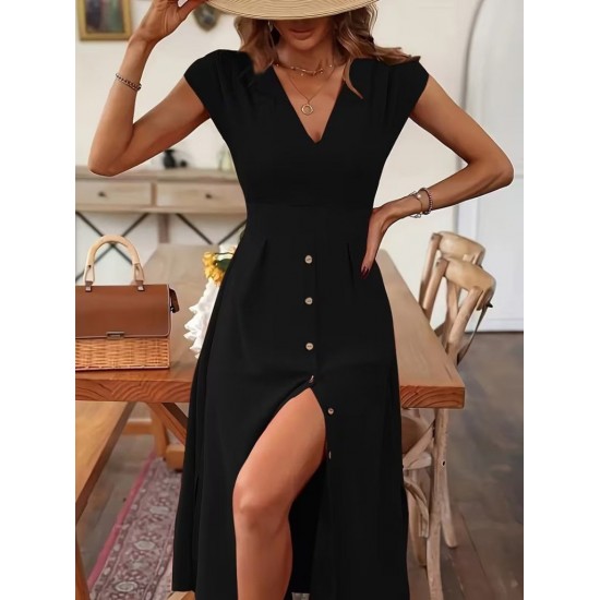 Kadın Kısa Kollu V Yakalı önden Düğmeli Midi Dokuma Viskon Elbise , 31778