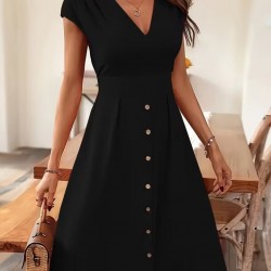 Kadın Kısa Kollu V Yakalı önden Düğmeli Midi Dokuma Viskon Elbise , 31778 Kadın Kısa Kollu V Yakalı önden Düğmeli Midi Dokuma Viskon Elbise , 31778