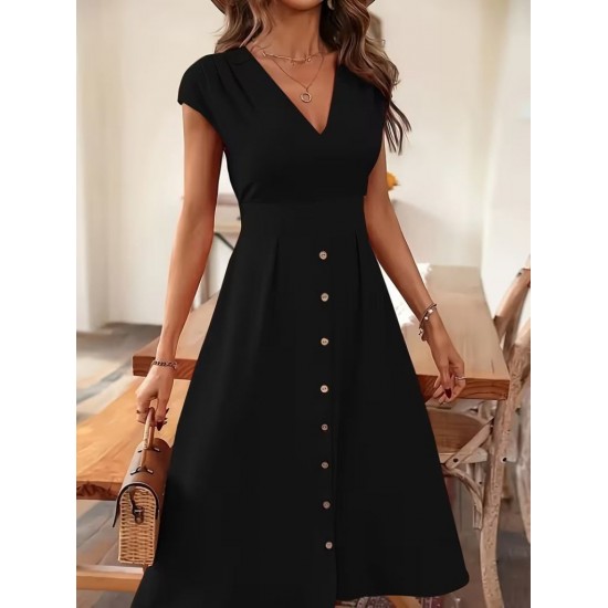 Kadın Kısa Kollu V Yakalı önden Düğmeli Midi Dokuma Viskon Elbise , 31778