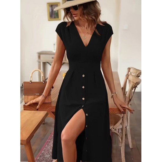 Kadın Kısa Kollu V Yakalı önden Düğmeli Midi Dokuma Viskon Elbise , 31778