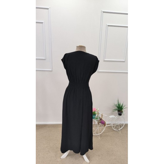 Kadın Kısa Kollu V Yakalı önden Düğmeli Midi Dokuma Viskon Elbise , 31778