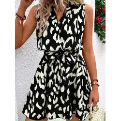 Kadın Askılı Kruvaze Yakalı Belden Kuşaklı Desenli Kısa Elbise , 31777