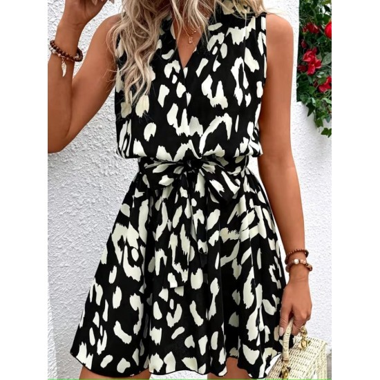 Kadın Askılı Kruvaze Yakalı Belden Kuşaklı Desenli Kısa Elbise , 31777