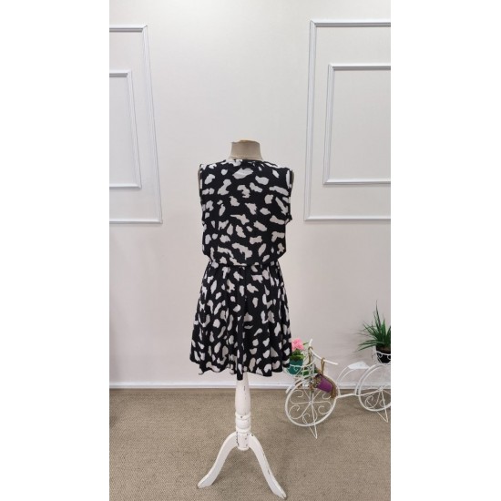 Kadın Askılı Kruvaze Yakalı Belden Kuşaklı Desenli Kısa Elbise , 31777