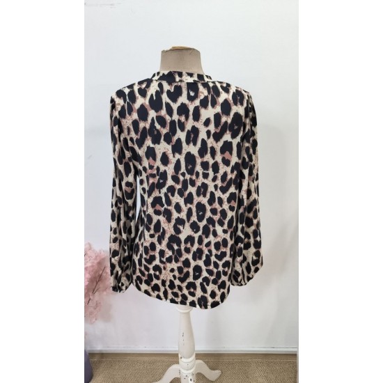 Kadın Uzun Kollu V Hakim Yakalı Leopar Desenli Süprem Bluz, 31796