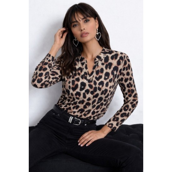 Kadın Uzun Kollu V Hakim Yakalı Leopar Desenli Süprem Bluz, 31796