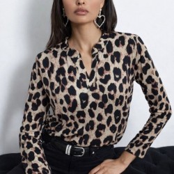 Kadın Uzun Kollu V Hakim Yakalı Leopar Desenli Süprem Bluz, 31796