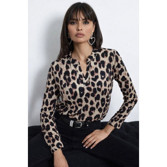 Kadın Uzun Kollu V Hakim Yakalı Leopar Desenli Süprem Bluz, 31796