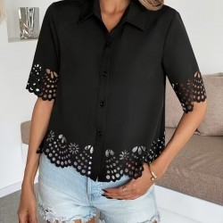 Kadın Kısa Kollu Yakalı önden Düğmeli Dubai Gömlek Bluz, 31793