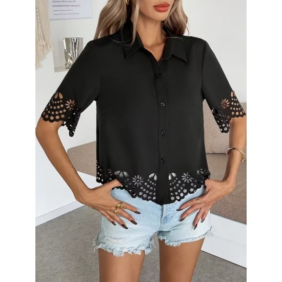 Kadın Kısa Kollu Yakalı önden Düğmeli Dubai Gömlek Bluz, 31793