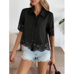 Kadın Kısa Kollu Yakalı önden Düğmeli Dubai Gömlek Bluz, 31793