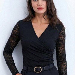 Kadın Uzun Kollu Dantelli Kruvaze Yakalı Yandan Büzgülü Viskon Bluz, 31797