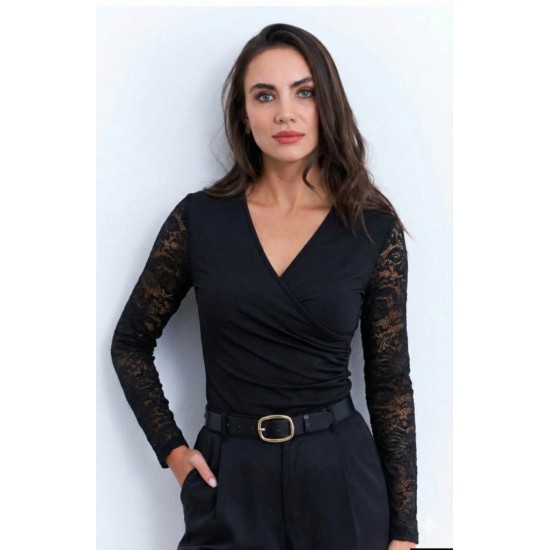 Kadın Uzun Kollu Dantelli Kruvaze Yakalı Yandan Büzgülü Viskon Bluz, 31797