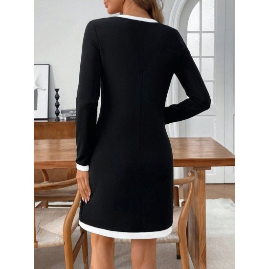 Kadın Uzun Kollu Yuvarlak V Yakalı şerit Detaylı Modal Mini Elbise , 31798