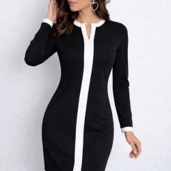 Kadın Uzun Kollu Yuvarlak V Yakalı şerit Detaylı Modal Mini Elbise , 31798