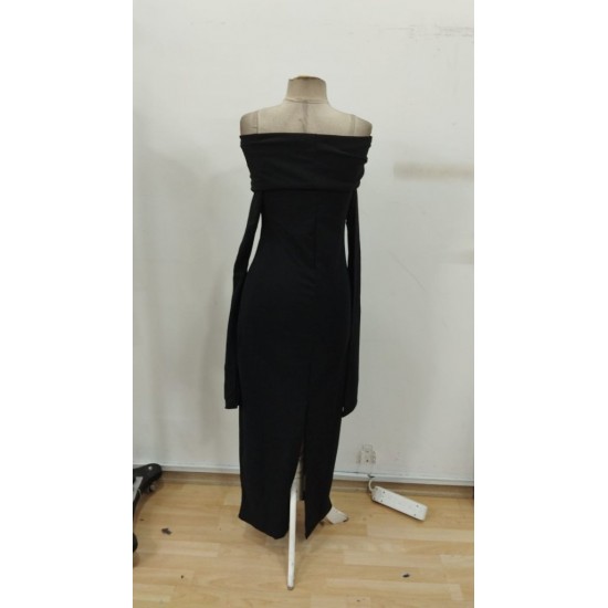 Kadın Madonna Yaka Uzun Yırtmaç Kol Detaylı Uzun Ithal Krep Elbise , 31799