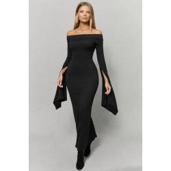 Women' S Madonna-style Collar, Long Slit Sleeve Detail, Long Imported Crepe Dress. , 31799