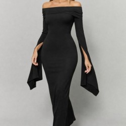 Kadın Madonna Yaka Uzun Yırtmaç Kol Detaylı Uzun Ithal Krep Elbise , 31799