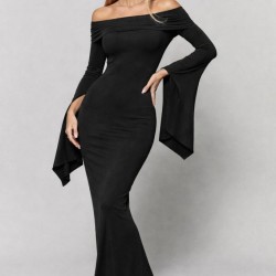 Kadın Madonna Yaka Uzun Yırtmaç Kol Detaylı Uzun Ithal Krep Elbise , 31799