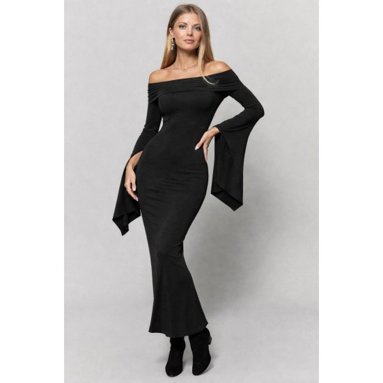 Kadın Madonna Yaka Uzun Yırtmaç Kol Detaylı Uzun Ithal Krep Elbise , 31799