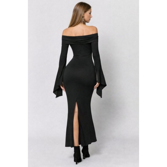 Kadın Madonna Yaka Uzun Yırtmaç Kol Detaylı Uzun Ithal Krep Elbise , 31799