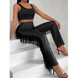 Kadın Yüksek Bel Yanlardan Püsküllü Deri Pantolon , 31811