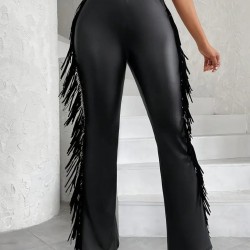 Kadın Yüksek Bel Yanlardan Püsküllü Deri Pantolon , 31811