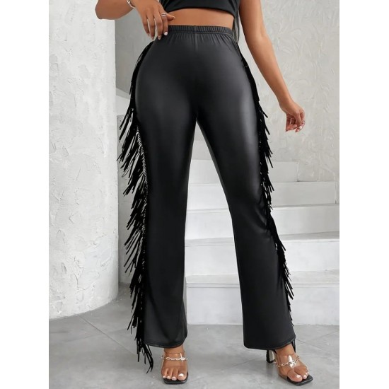 Kadın Yüksek Bel Yanlardan Püsküllü Deri Pantolon , 31811