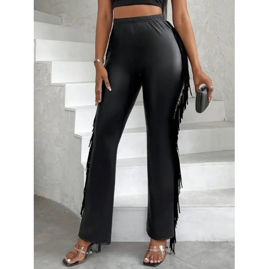 Kadın Yüksek Bel Yanlardan Püsküllü Deri Pantolon , 31811