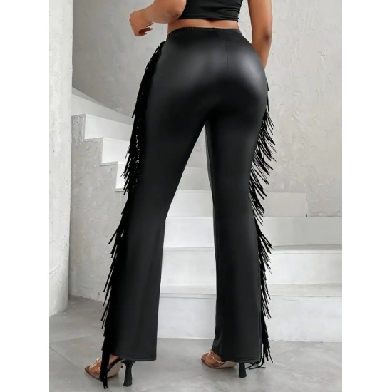 Kadın Yüksek Bel Yanlardan Püsküllü Deri Pantolon , 31811