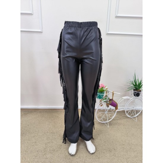 Kadın Yüksek Bel Yanlardan Püsküllü Deri Pantolon , 31811