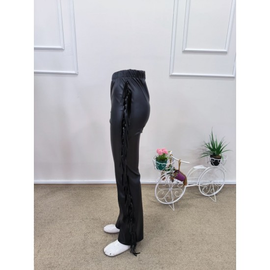 Kadın Yüksek Bel Yanlardan Püsküllü Deri Pantolon , 31811