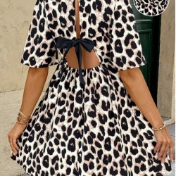 Kadın Kısa Kollu Kruvaze Yakalı Leopar Desenli Mini Süprem Elbise , 31810