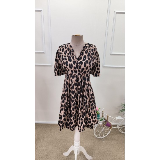 Kadın Kısa Kollu Kruvaze Yakalı Leopar Desenli Mini Süprem Elbise , 31810