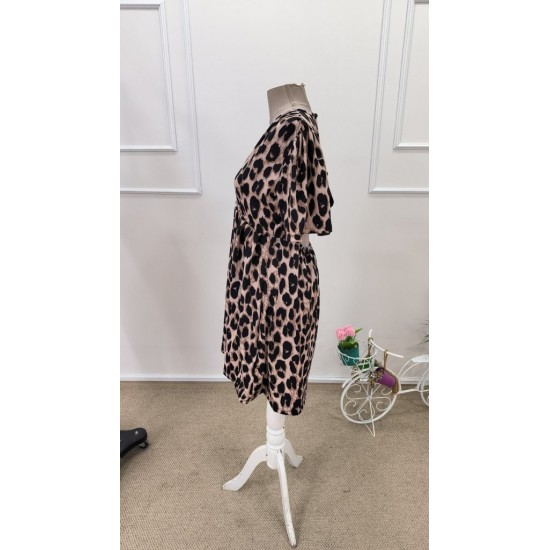 Kadın Kısa Kollu Kruvaze Yakalı Leopar Desenli Mini Süprem Elbise , 31810