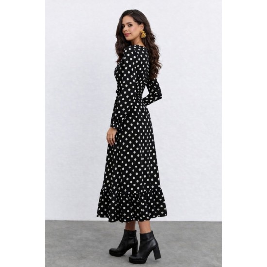 Kadın Uzun Kollu Yakası Bağcıklı Uzun Puantiyeli Krep Maxi Elbise , 31809